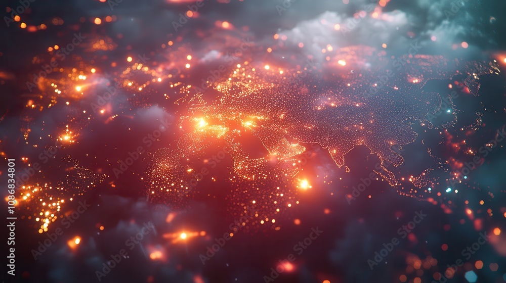 Poster abstract view of a glowing world map with bright lights and cloud formations, depicting a digital re