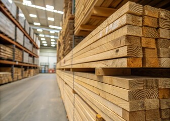 Macro Photography of Stacked Wood Planks in a Warehouse Showcasing Natural Texture and Grain of Wooden Materials on Shelves for Interior Design Inspiration