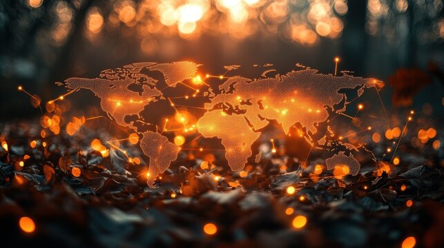 Abstract World Map with Glowing Connections Overlaid on Autumn Leaves During Sunset, Glorious Natural Background with Warm Hues