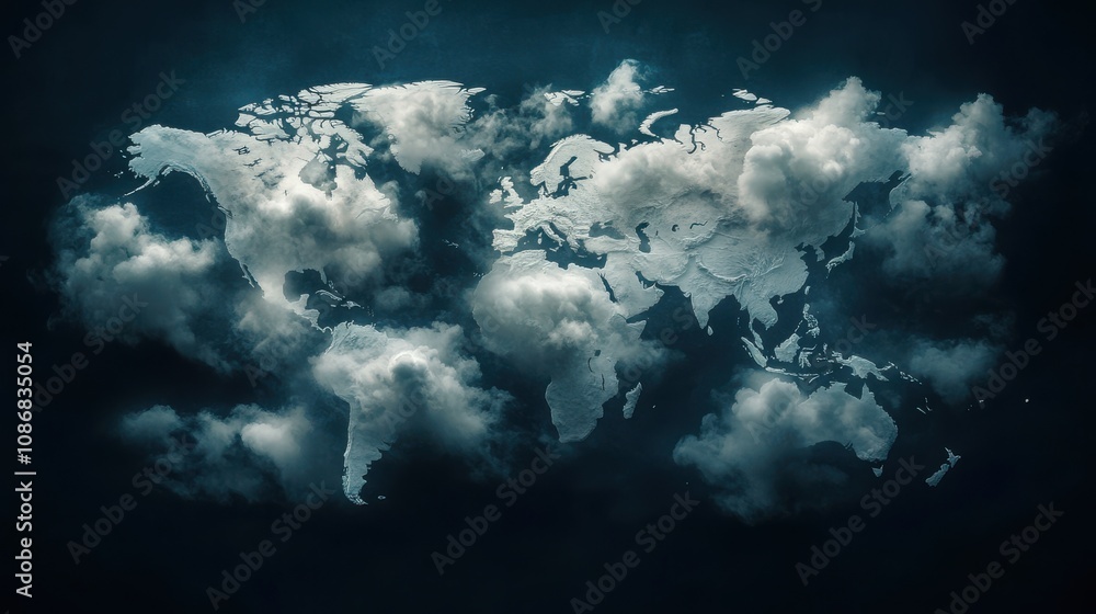Poster abstract world map overlayed with clouds on a dark background, depicting global connectivity and nat