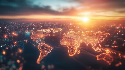 Obraz premium Stunning Aerial View of a Digital World Map at Dusk with Illuminated Connections Over a Cityscape Reflecting Global Networking and Technology Advances