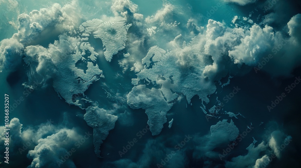 Poster artistic world map surrounded by wispy clouds, depicting a mystical atmosphere with soft light filte