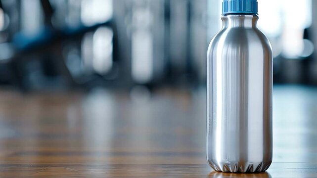 Motivational quote on a fitness water bottle, placed on a gym floor,