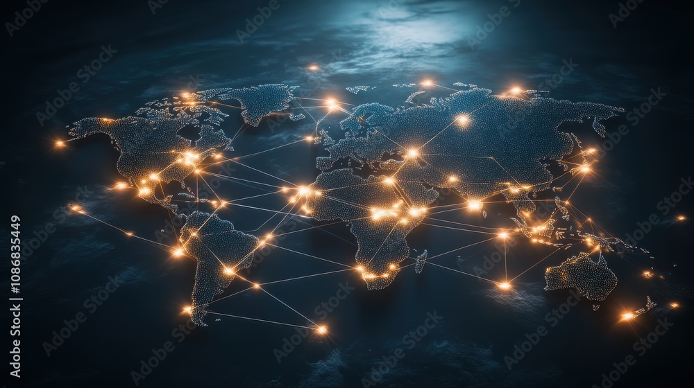 Poster global connectivity network with illuminated cities and links representing communication and data fl