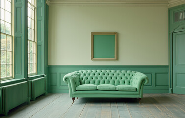 Fototapeta premium Vintage British Living Room: Cozy Green & Cream Decor with Empty Frame