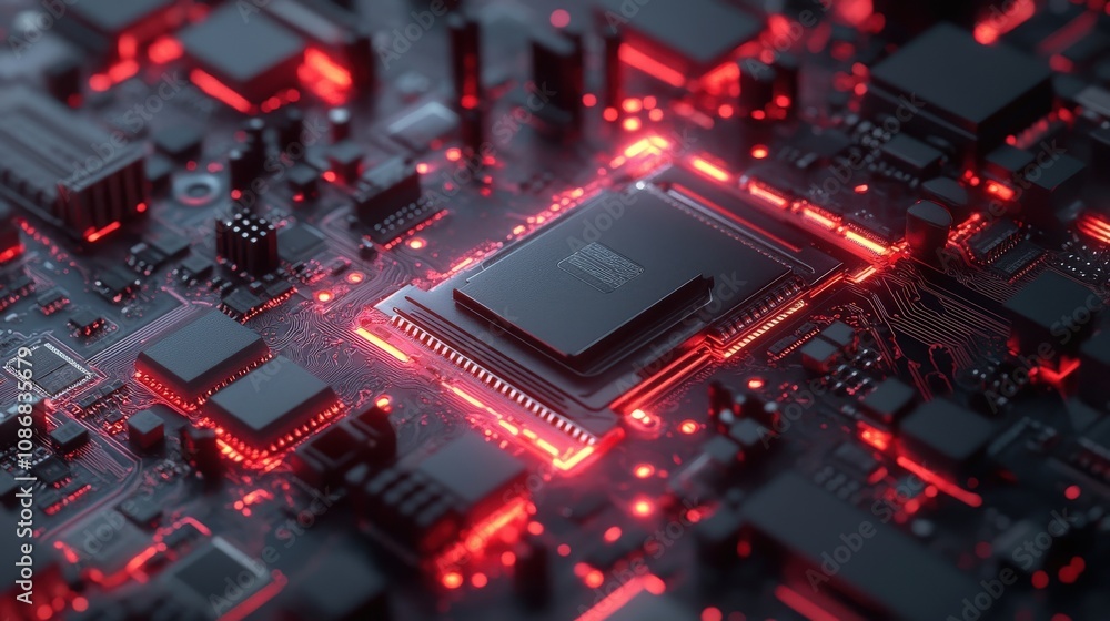 Poster close-up of a glowing red circuit board with a central processor chip.