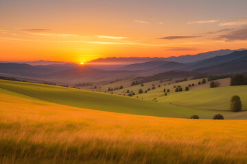 Fototapeta premium A vibrant sunset paints the sky with hues of orange, yellow, and pink, casting a warm glow over rolling hills and a lush, green meadow. The sun dips below the horizon, leaving a trail of light across 