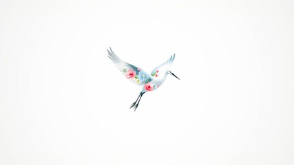 A Delicate White Bird with a Floral Pattern Embellishing Its Wings, Soaring Gracefully Against a Pristine White Background