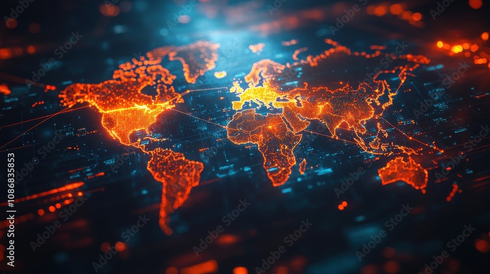 Poster global network visualization with bright data points displaying digital connections across continent