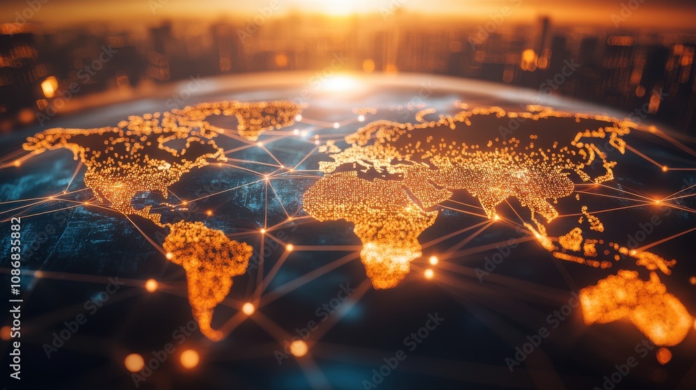 Poster futuristic digital world map with global network connections representing technology, communication 