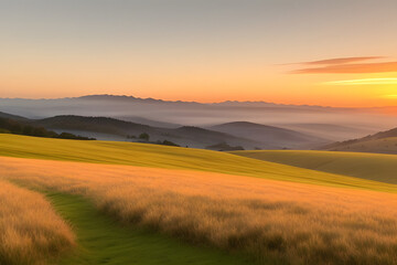 Fototapeta premium A vibrant sunset paints the sky with hues of orange, yellow, and pink, casting a warm glow over rolling hills and a lush, green meadow. The sun dips below the horizon, leaving a trail of light across 