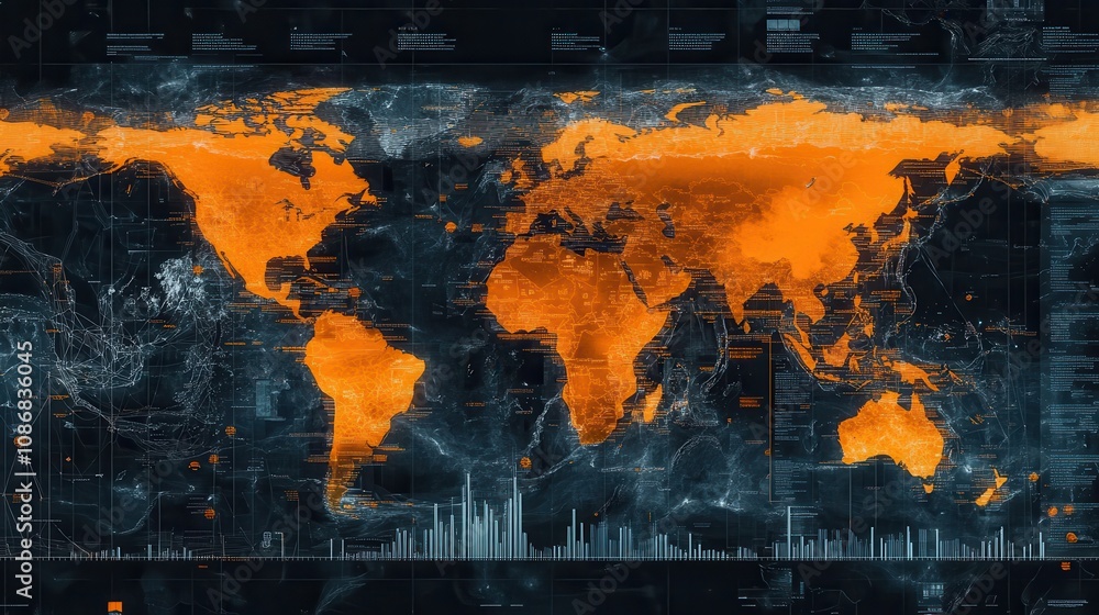Poster world map with geographical features and data visualization in vibrant orange and black tones for mo