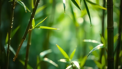 Sunlight filters through a grove of slender bamboo stalks, highlighting the delicate dew drops clinging to the vibrant green leaves.
