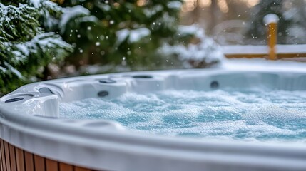 Snowy Relaxation Steamy Hot Tub Awaits with Jets On, Ready for Winter Spa Experience