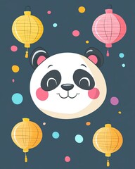 Naklejka premium Cute panda with colorful lanterns and dots.