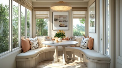 Fototapeta premium Soft pastel breakfast nook with plush cushions and natural lighting.