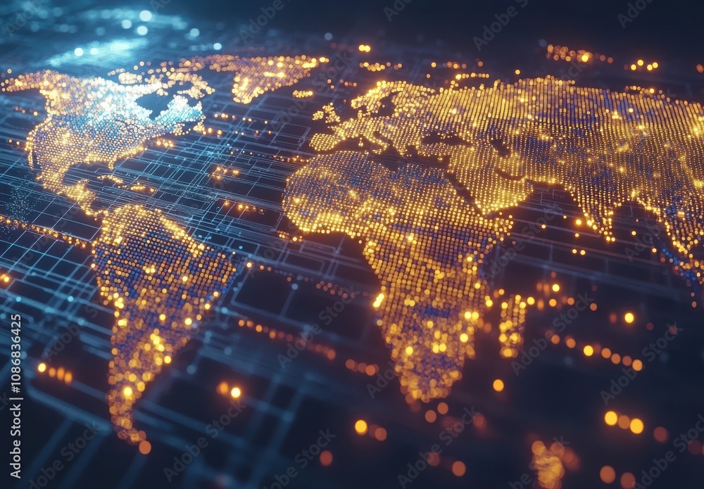 Poster stunning global network concept with bright dots representing connections across the world in a futu