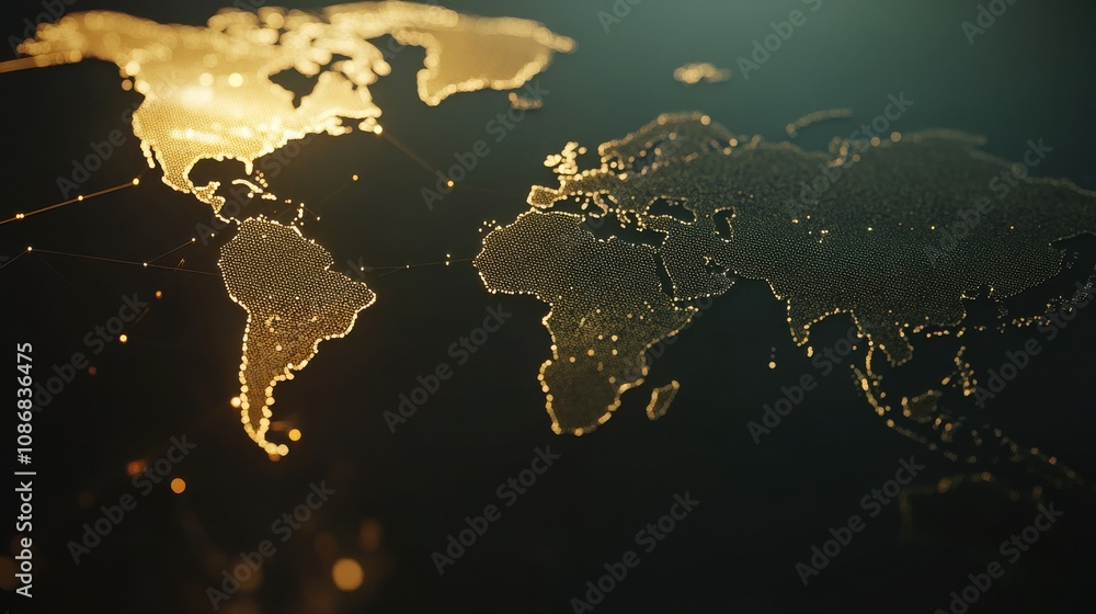 Poster elegant visualization of a world map in golden tones with dotted geographical features, highlighting