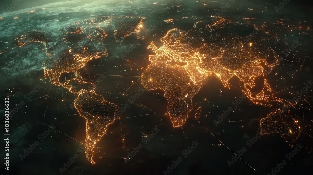 Poster illuminated world map with network connections depicting global interactions and digital connectivit
