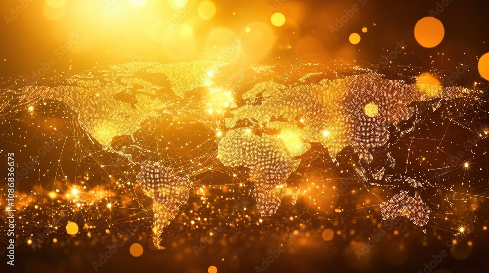 Poster globally connected network with golden glow and sparkling lights showcasing a world map and abstract