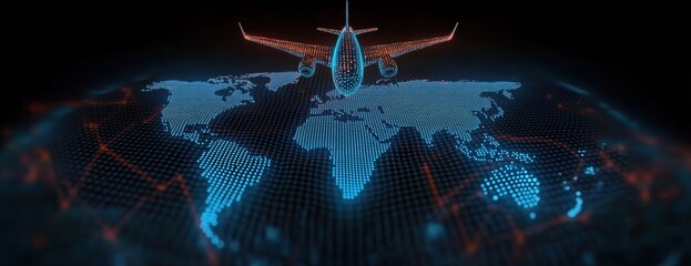 Modern Digital Representation of Global Air Travel with Airplane Over World Map in Abstract Technology Style Illustrating Connectivity and Network