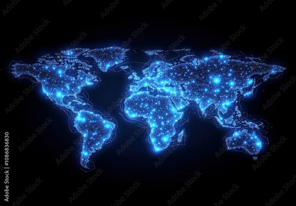 Poster abstract world map with glowing blue lights representing global connectivity and digital networks ag