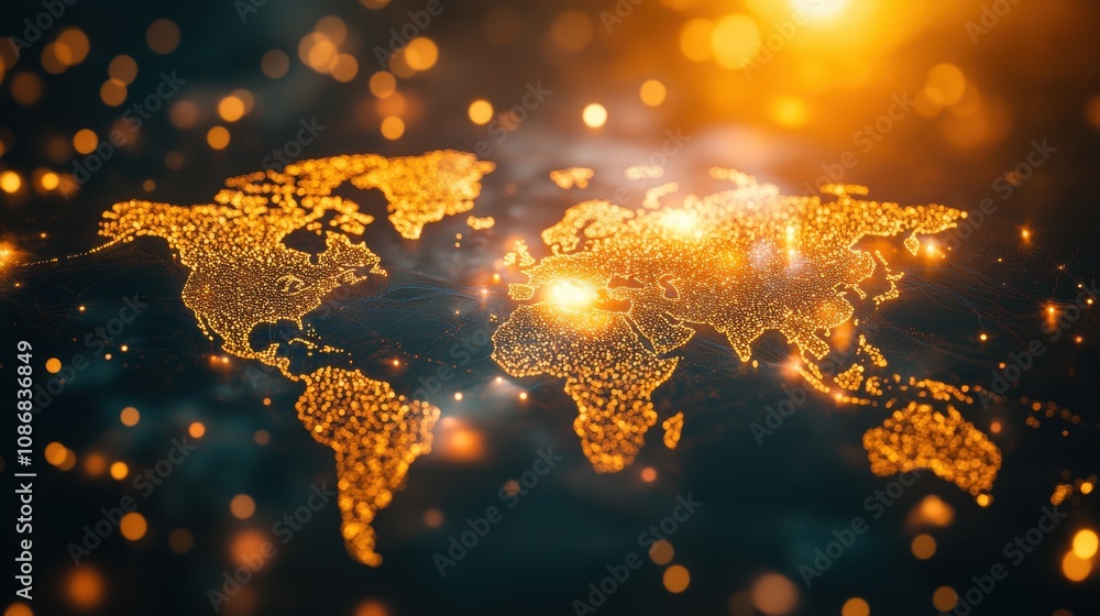 Poster a glowing world map illustration in golden sparkles over a dark background for use in global connect