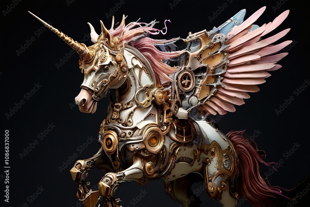 Poster steampunk unicorn a unicorn with mechanical wings and clockwork