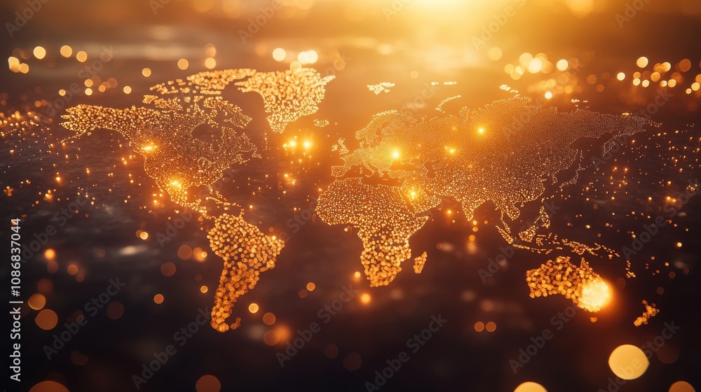 Poster beautiful golden world map illustration with glowing particles showcasing earth’s continents and a s