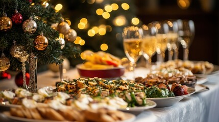 Festive Christmas Table Setting with Appetizers and Champagne