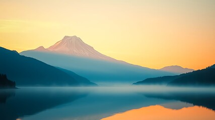 Fototapeta premium Serene mountain peak reflecting in a tranquil lake at sunrise, with a layer of mist enhancing the ethereal atmosphere.