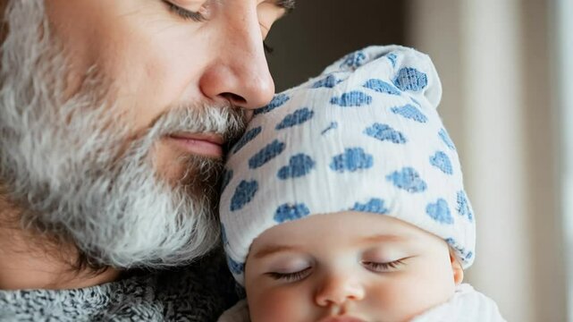 A tender moment between a grandfather and a sleeping baby, showcasing love and connection.