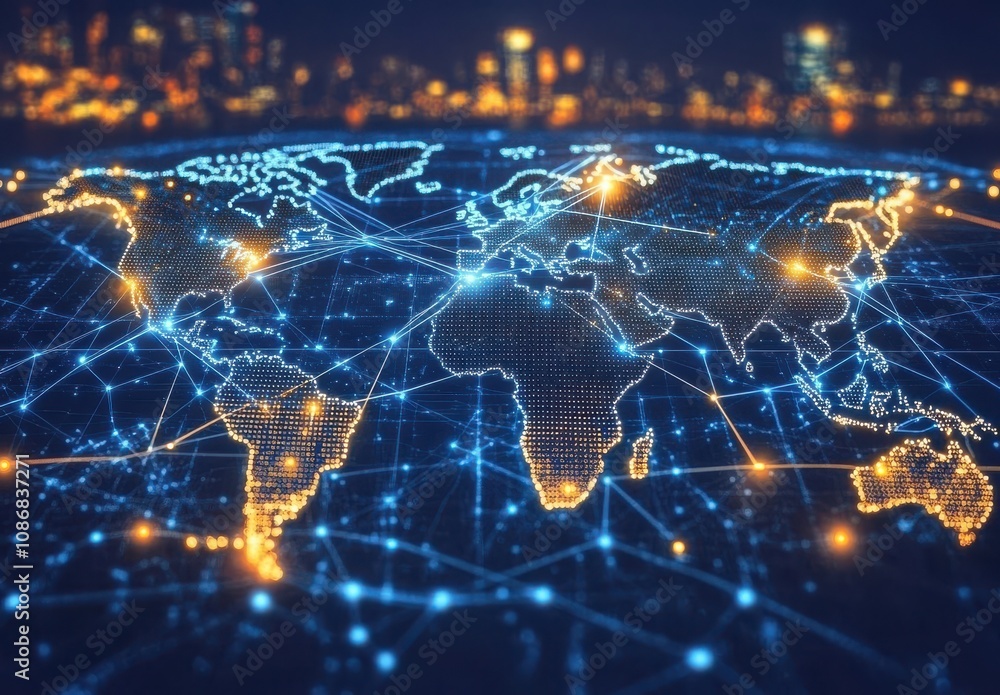 Poster digital world map with global network connections and data points illuminated at night over a city s