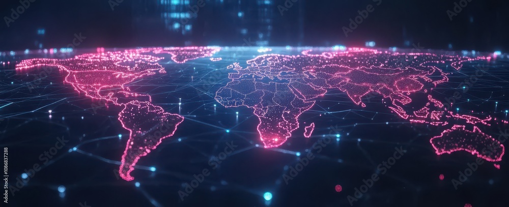 Poster digital world map with network connections and neon lights illustrating global connectivity, technol