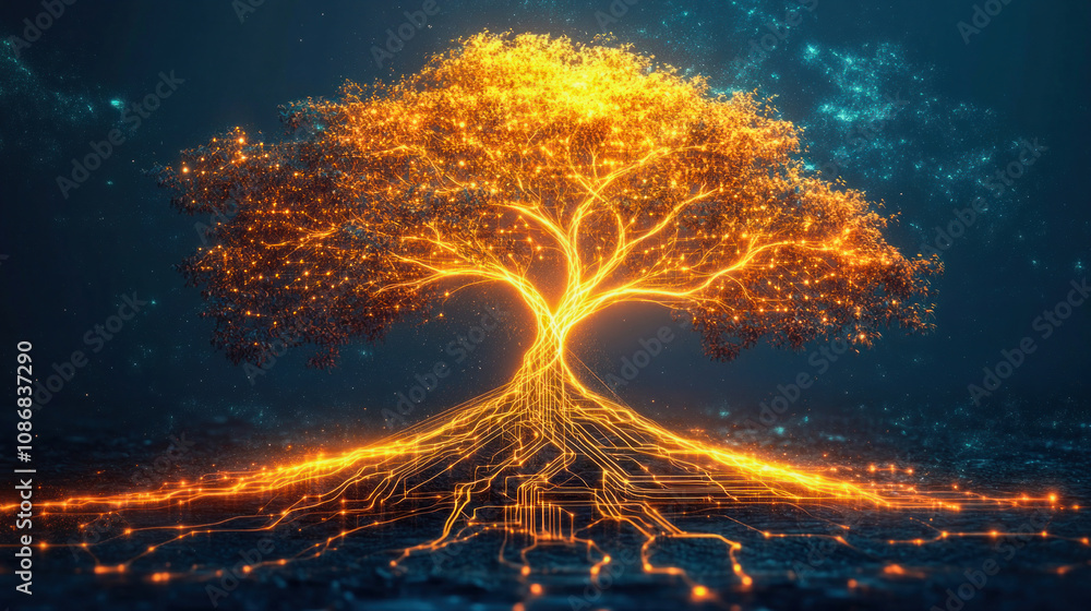 Poster golden tree growing from futuristic microchip roots symbolizing technology and nature connection