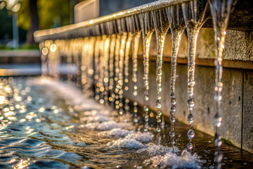 Brutalism A serene water feature with cascading flows and gentle ripples, illuminated by warm sunlight, creating a peaceful outdoor ambiance.