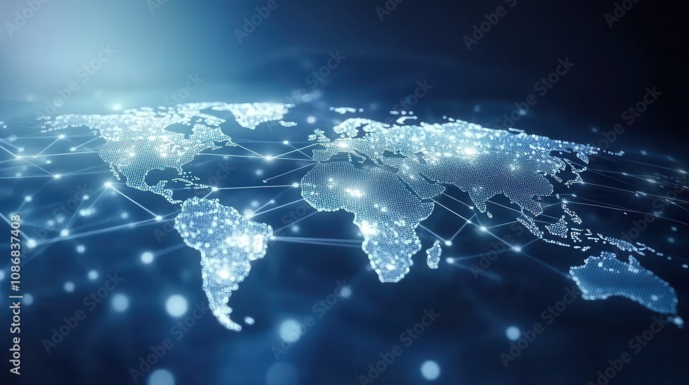 Poster ethereal global network with illuminated map nodes and connecting lines depicting digital communicat