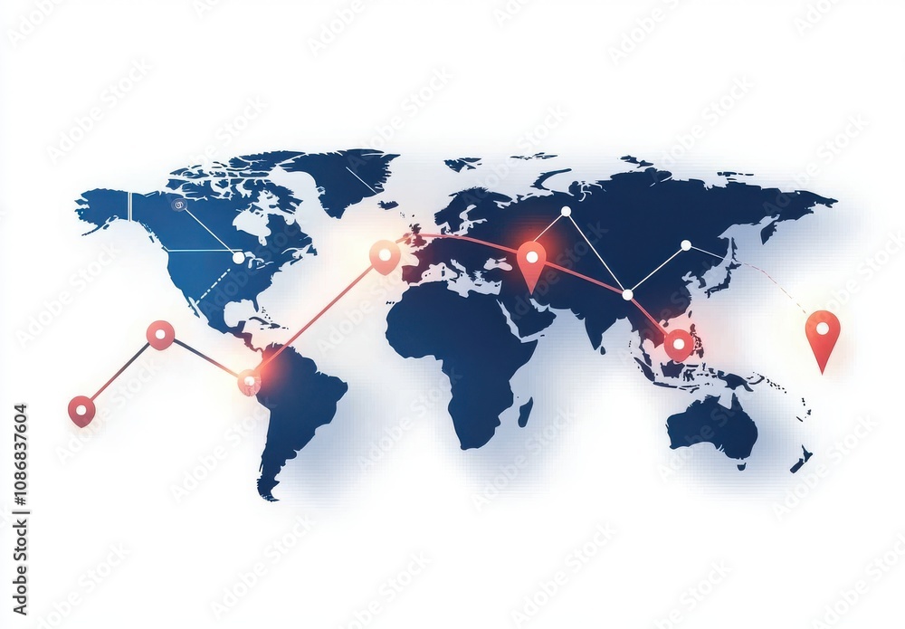 Poster abstract world map with route lines and location markers for travel, navigation, geography, and data