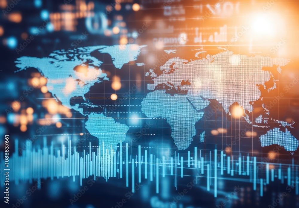 Poster futuristic global data visualization with abstract technology elements representing world map, digit