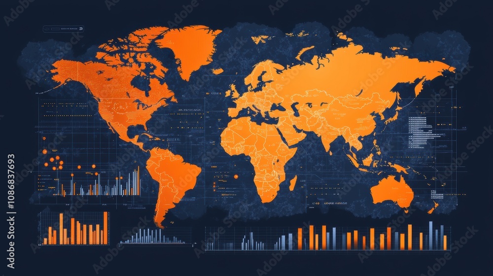 Poster modern abstract world map visualization with orange tones and data elements for use in infographics,