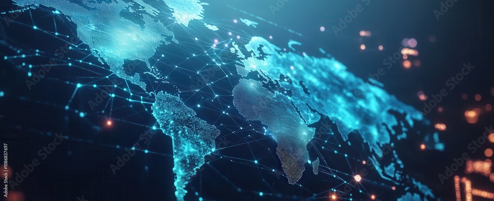 Poster vibrant digital world map with network connections and glowing points of light representing global c