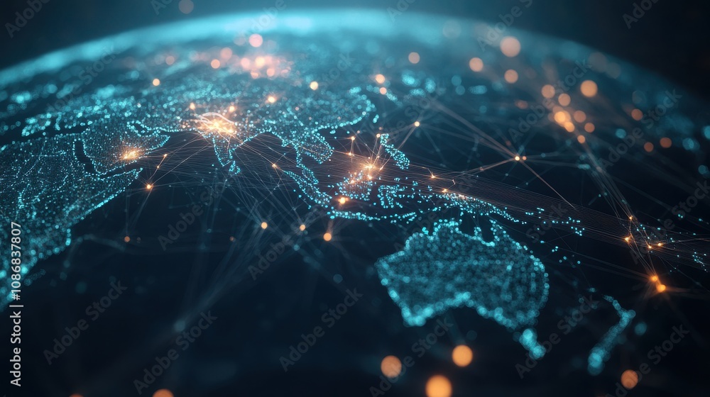 Poster stunning digital visualization of a global network over asia and australia with bright connections a