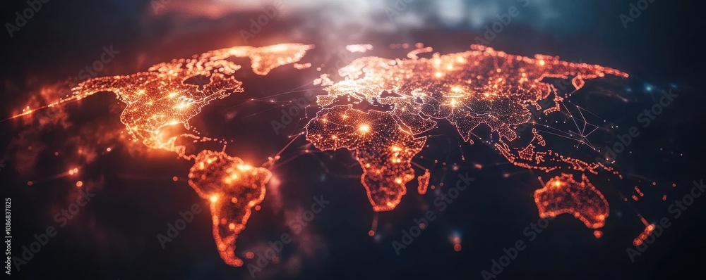 Poster global network visualization with bright nodes and lines representing digital connections across con