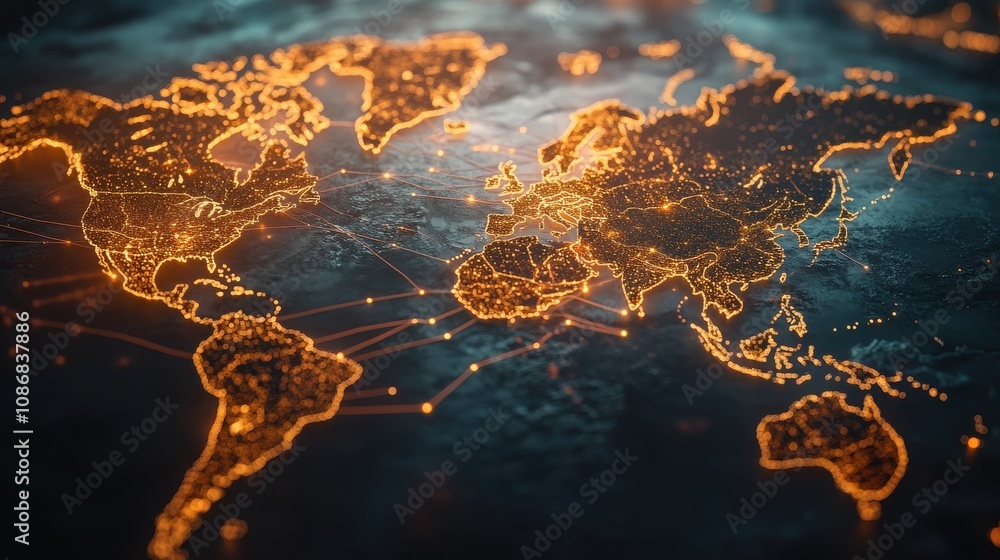 Poster stunning world map with connected lines of light representing global network and digital communicati