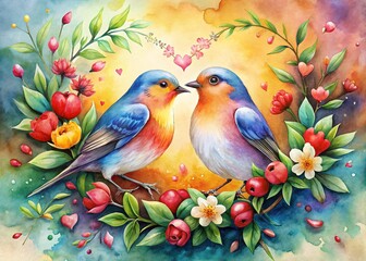 Obraz premium Heart-Shaped Watercolor Art Featuring Two Lovely Birds in a Romantic Valentine Theme Perfect for Love and Affection Celebrations
