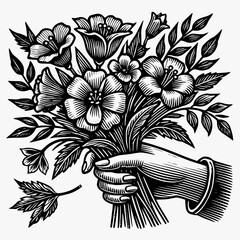 Elegant Hand Holding a Bouquet of Flowers Vector Illustration in Vintage Engraving Style Symbolizing Beauty and Grace