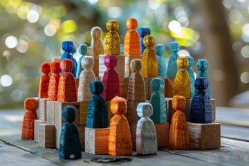 Colorful Human Figures Standing on Cubic Blocks with Reflective Background