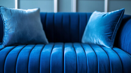 Luxurious Modern Minimalist Living Room with Rich Blue Velvet Sofa and Stylish Furnishings. Elegant Home Decor with Cozy Ambient Lighting Setting a Warm and Inviting Atmosphere