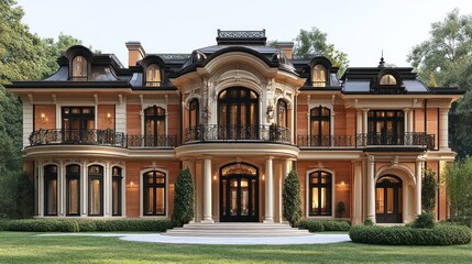 Obraz premium 3D luxury mansion with intricate roof details, isolated on a white background.