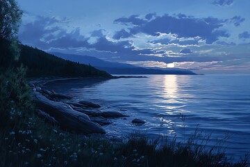 Naklejka premium Serene twilight over a calm coastal landscape with gentle waves and distant mountains.
